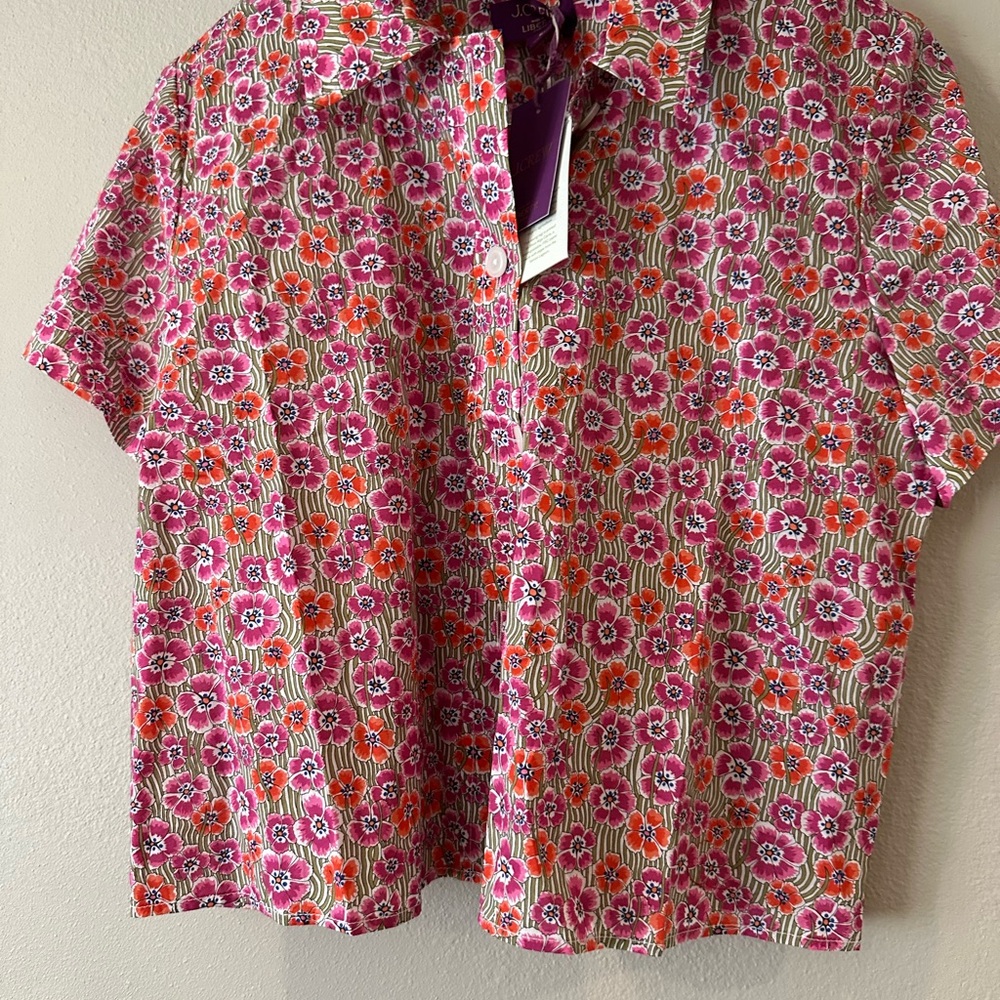 J. Crew Pink and Orange Blouse Vibrant Floral Design Liberty style